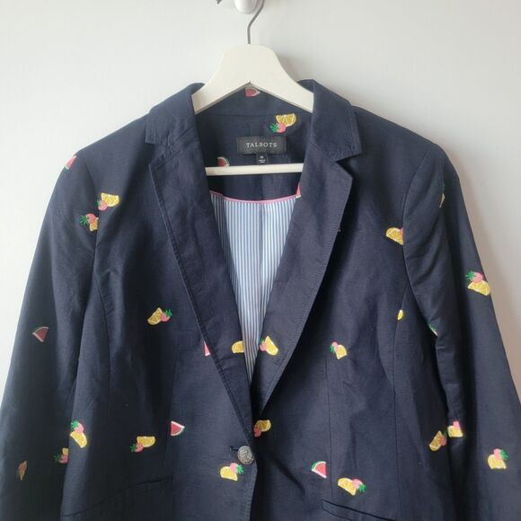 Talbots womens Embroidered Fruits Blazer size 10 linen blend navy 3/4 sleeve - Picture 3 of 7
